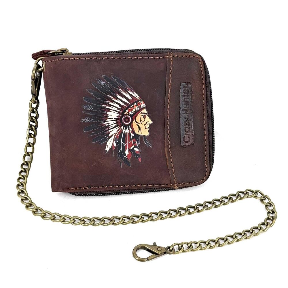 3885 Retro Biker Leather Wallet American Indian Chief Head Zipper Card